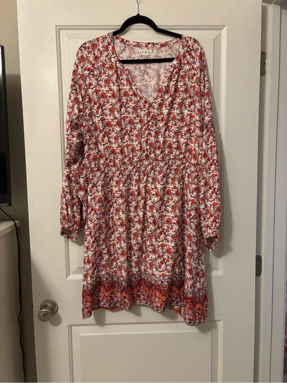 Wonderly White and Orange Floral Long Sleeve Dress